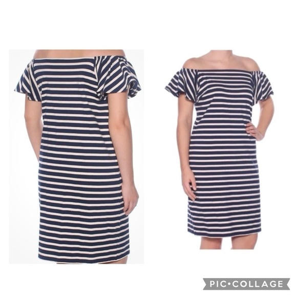 Size Large RALPH LAUREN NAVY BLUE STRIPED OFF-SHOULDER DRESS Summer Coastal - Picture 9 of 9
